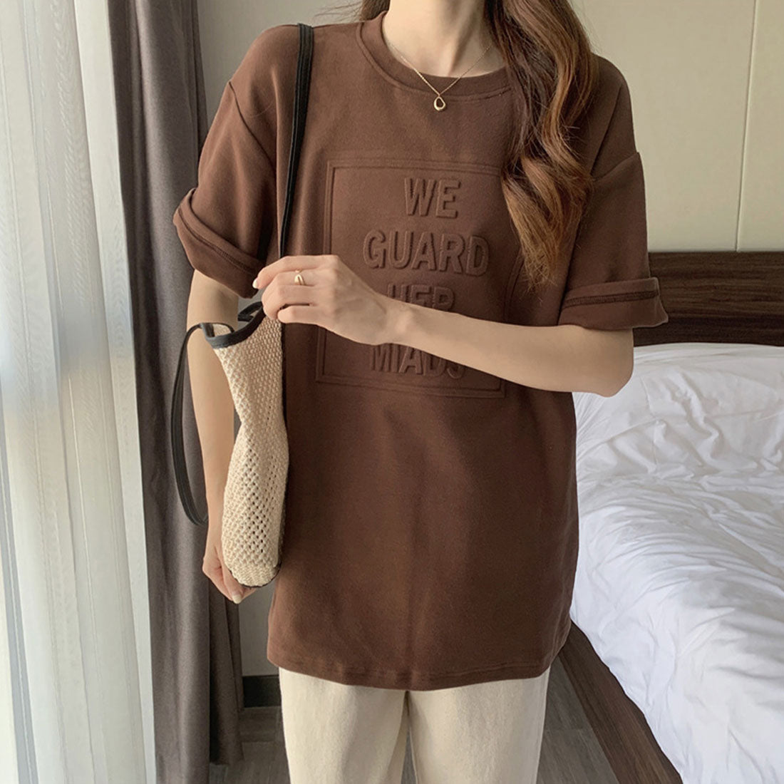 立体ロゴtシャツ 韓国チュニックロンT ブラック