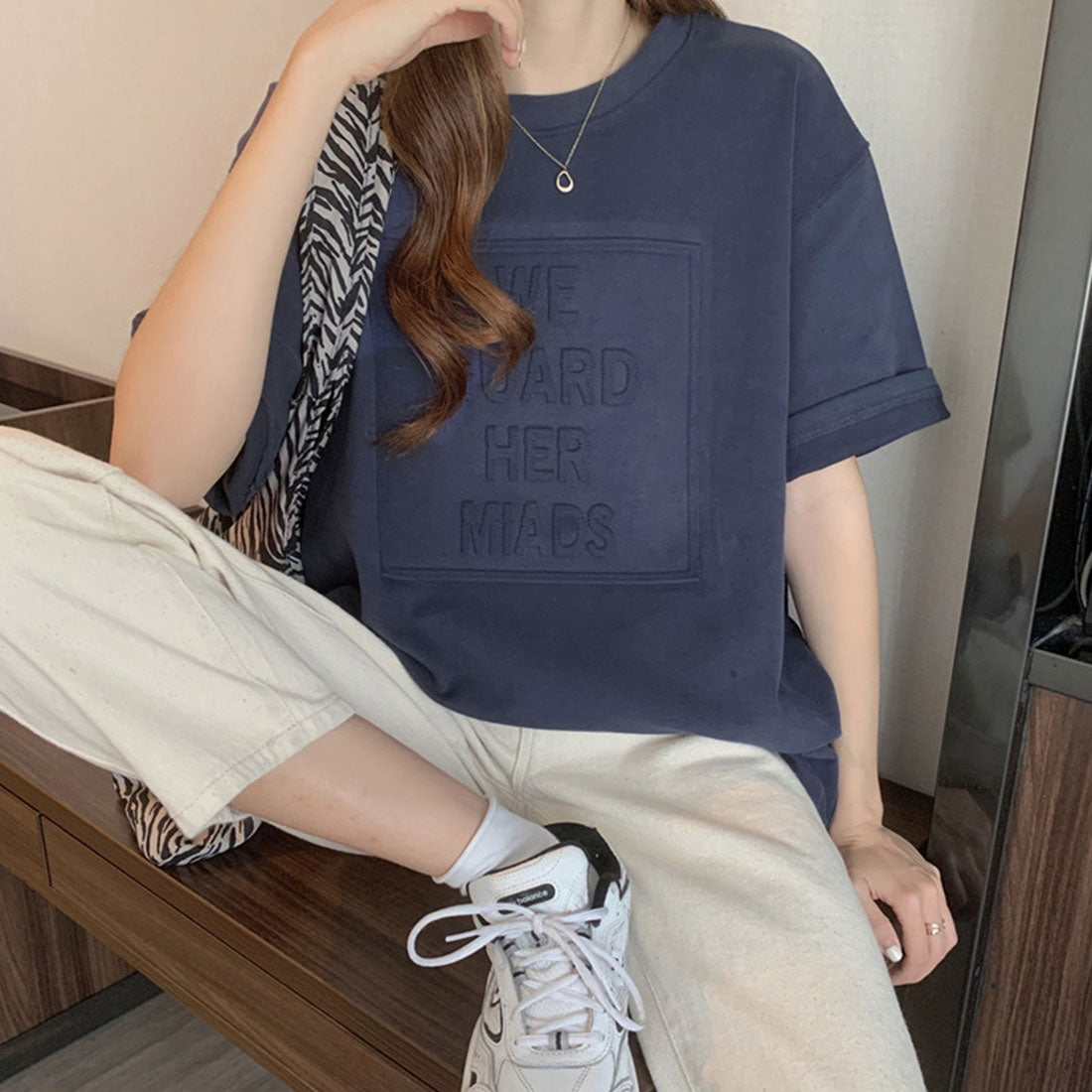 立体ロゴtシャツ 韓国チュニックロンT ブラック