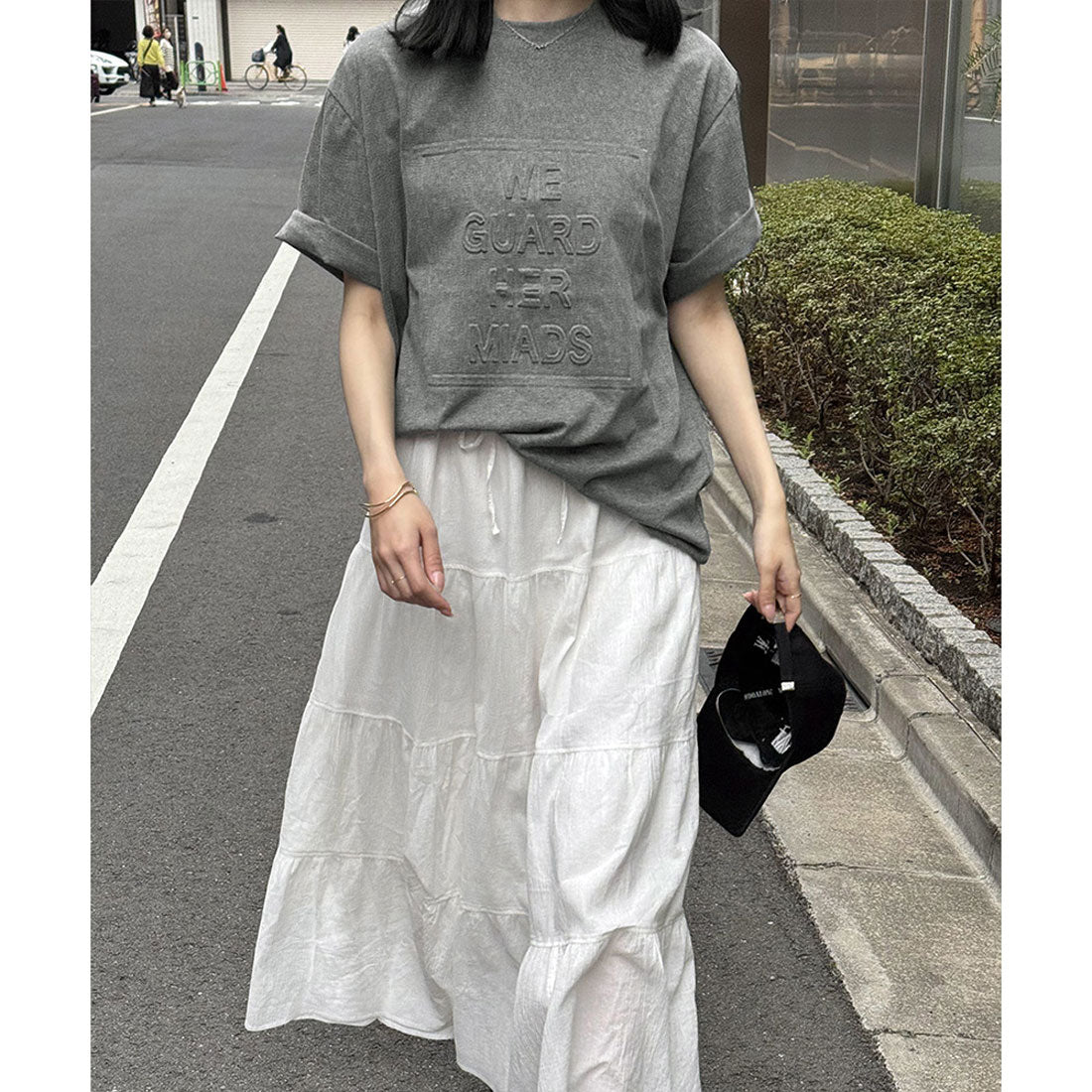立体ロゴtシャツ 韓国チュニックロンT ブラック