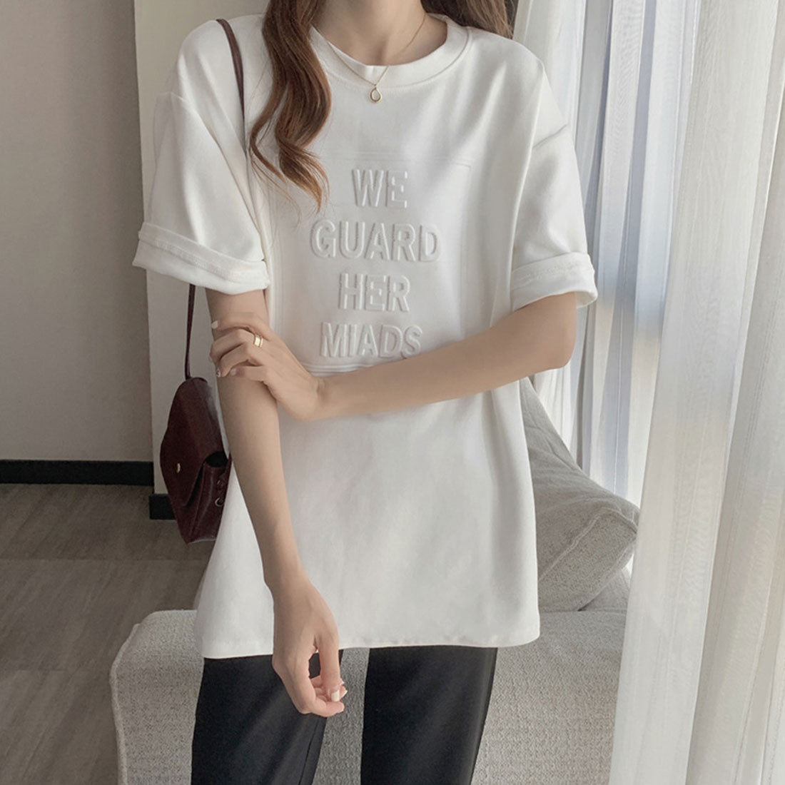 立体ロゴtシャツ 韓国チュニックロンT ホワイト