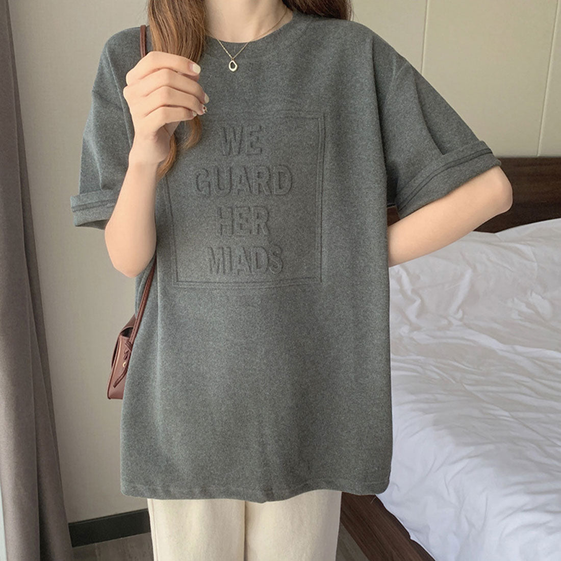 立体ロゴtシャツ 韓国チュニックロンT ダークグレー