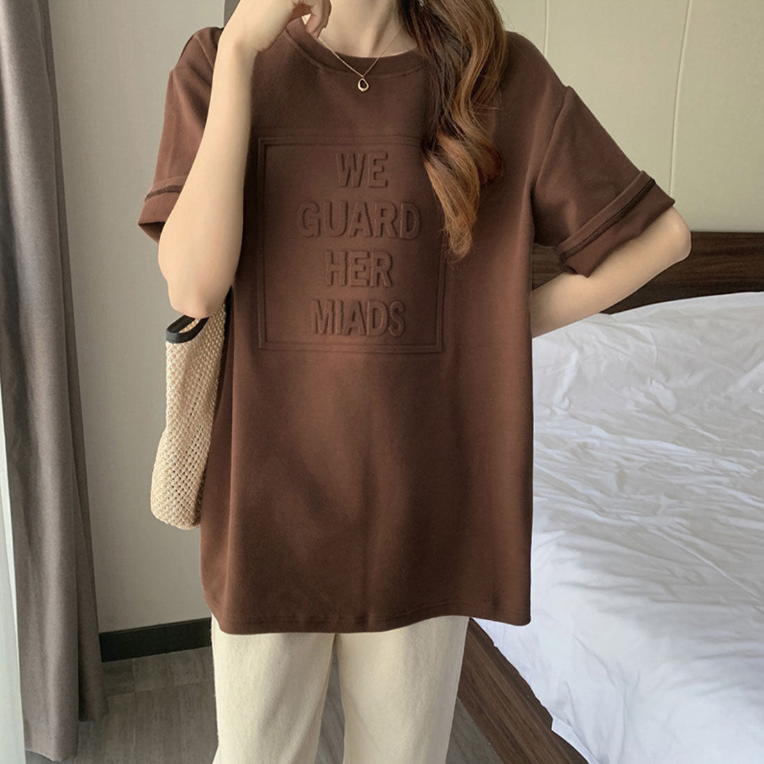 立体ロゴtシャツ 韓国チュニックロンT ブラウン
