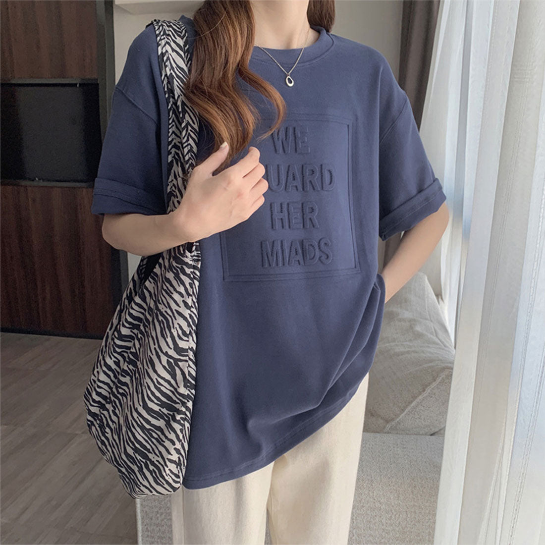 立体ロゴtシャツ 韓国チュニックロンT パープルグレー