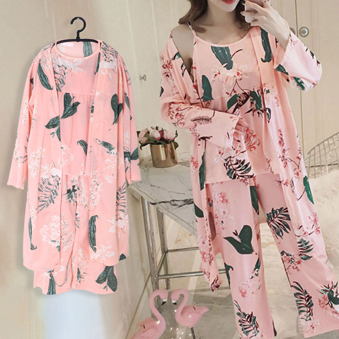 花柄ルームウェア 3点セット レディース,ピンク