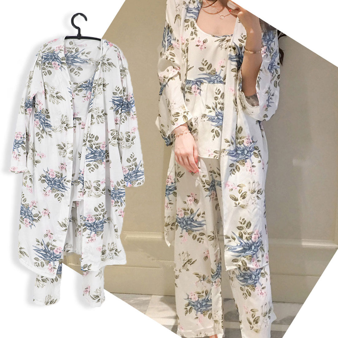 花柄ルームウェア 3点セット レディース,ホワイト