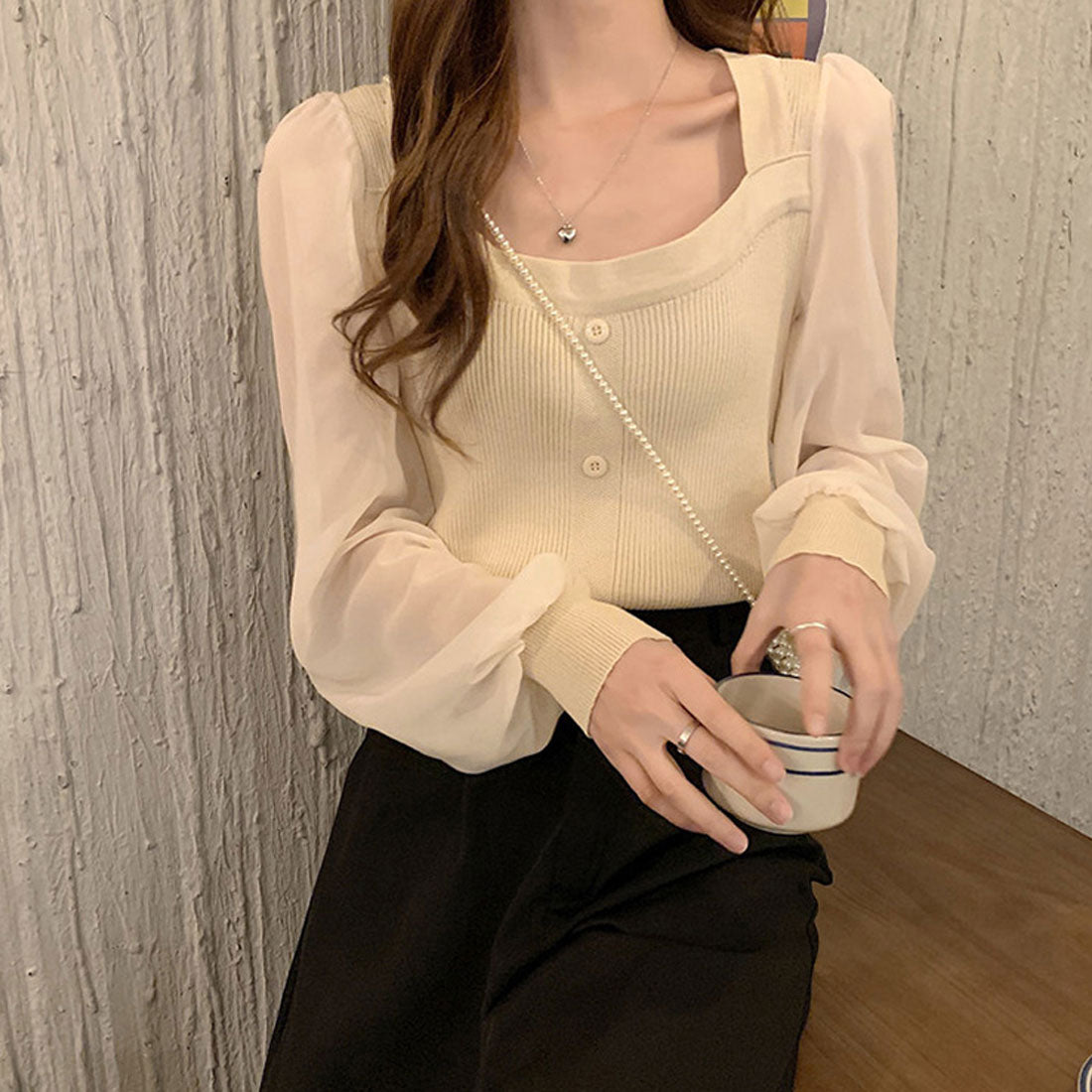 ミニミニストア miniministore シャツブラウス 袖切り替え ニットソー,ベージュ