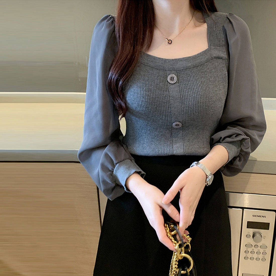 ミニミニストア miniministore シャツブラウス 袖切り替え ニットソー,グレー