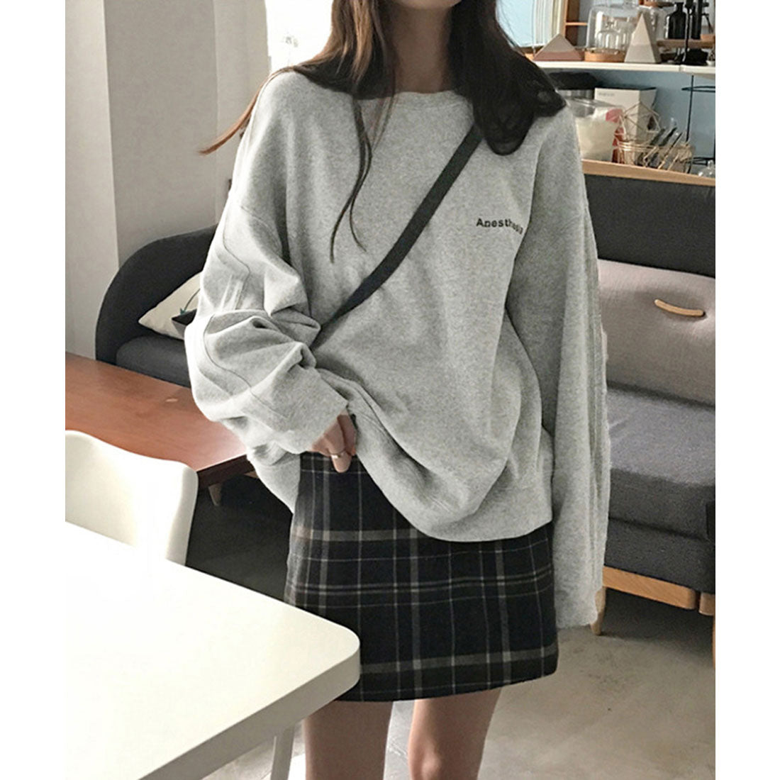 韓国風ロゴカットソーゆる ロングTシャツ グレー