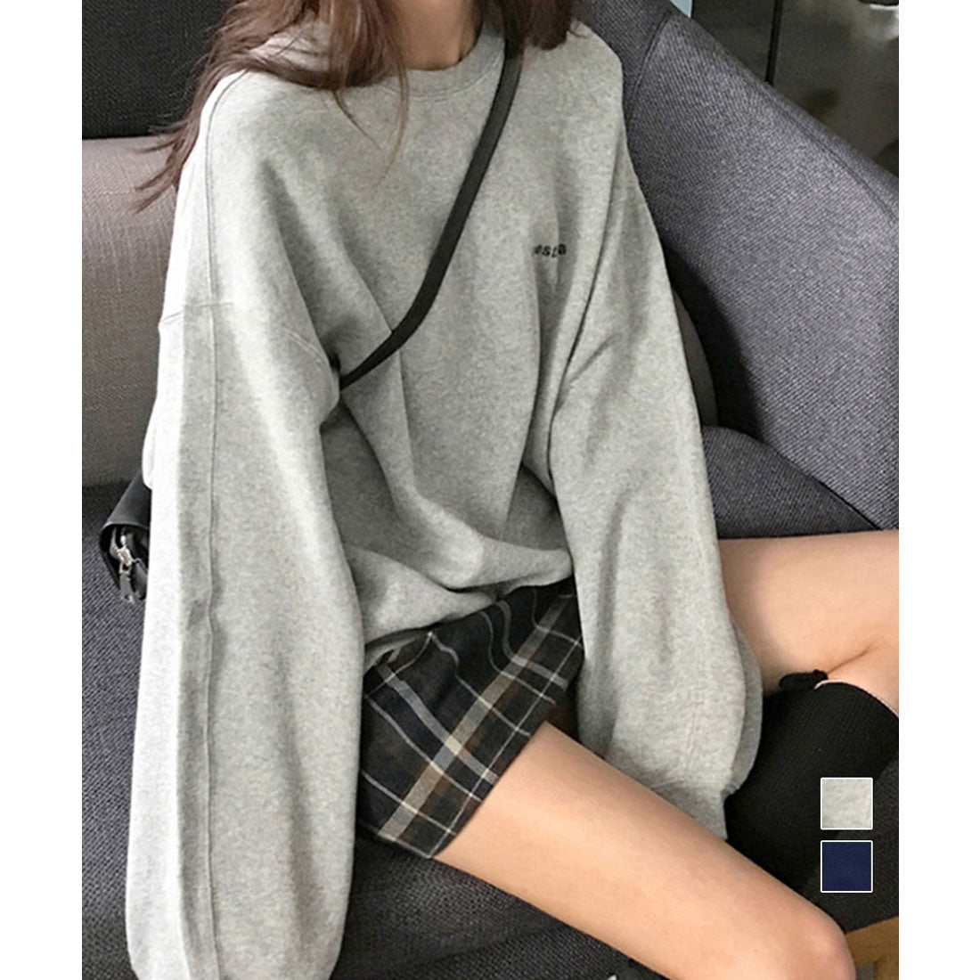 韓国風ロゴカットソーゆる ロングTシャツ グレー