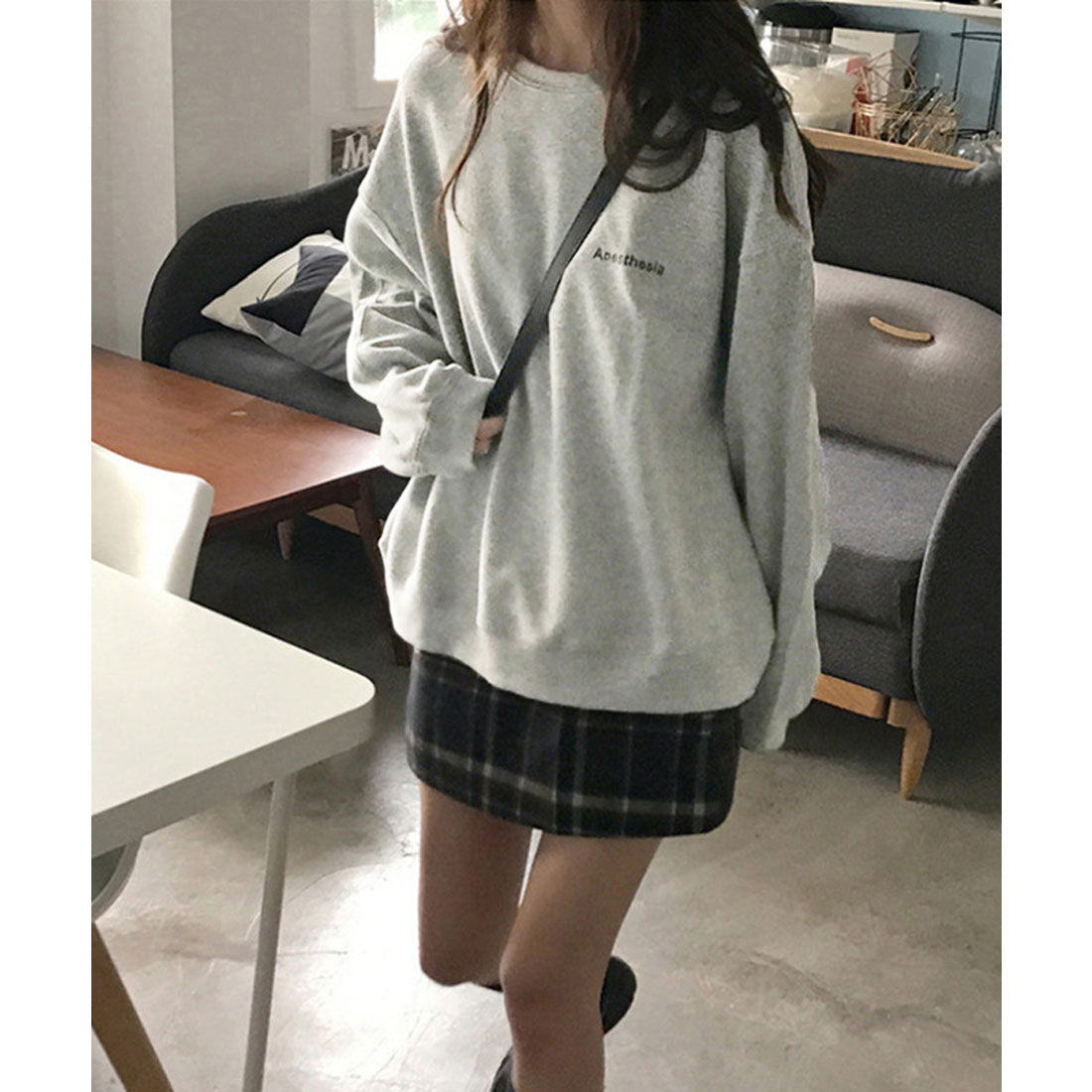 韓国風ロゴカットソーゆる ロングTシャツ グレー