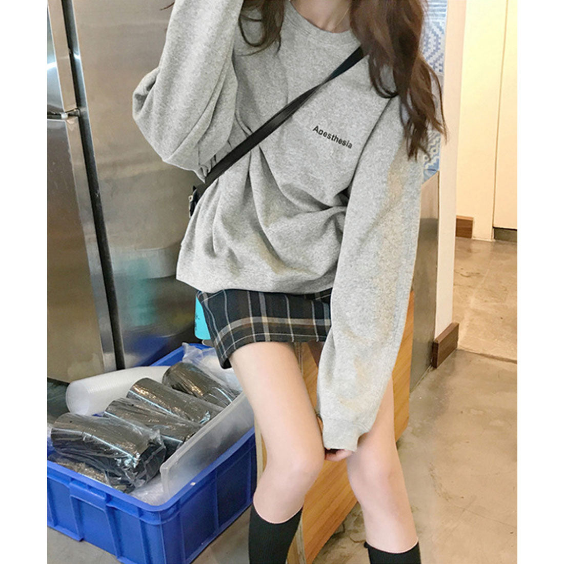 韓国風ロゴカットソーゆる ロングTシャツ グレー