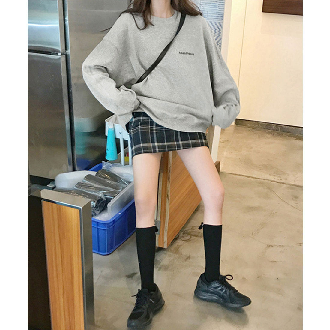韓国風ロゴカットソーゆる ロングTシャツ グレー