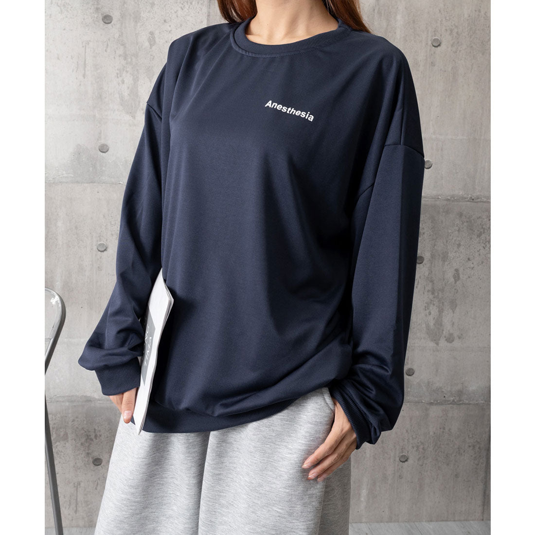 韓国風ロゴカットソーゆる ロングTシャツ グレー