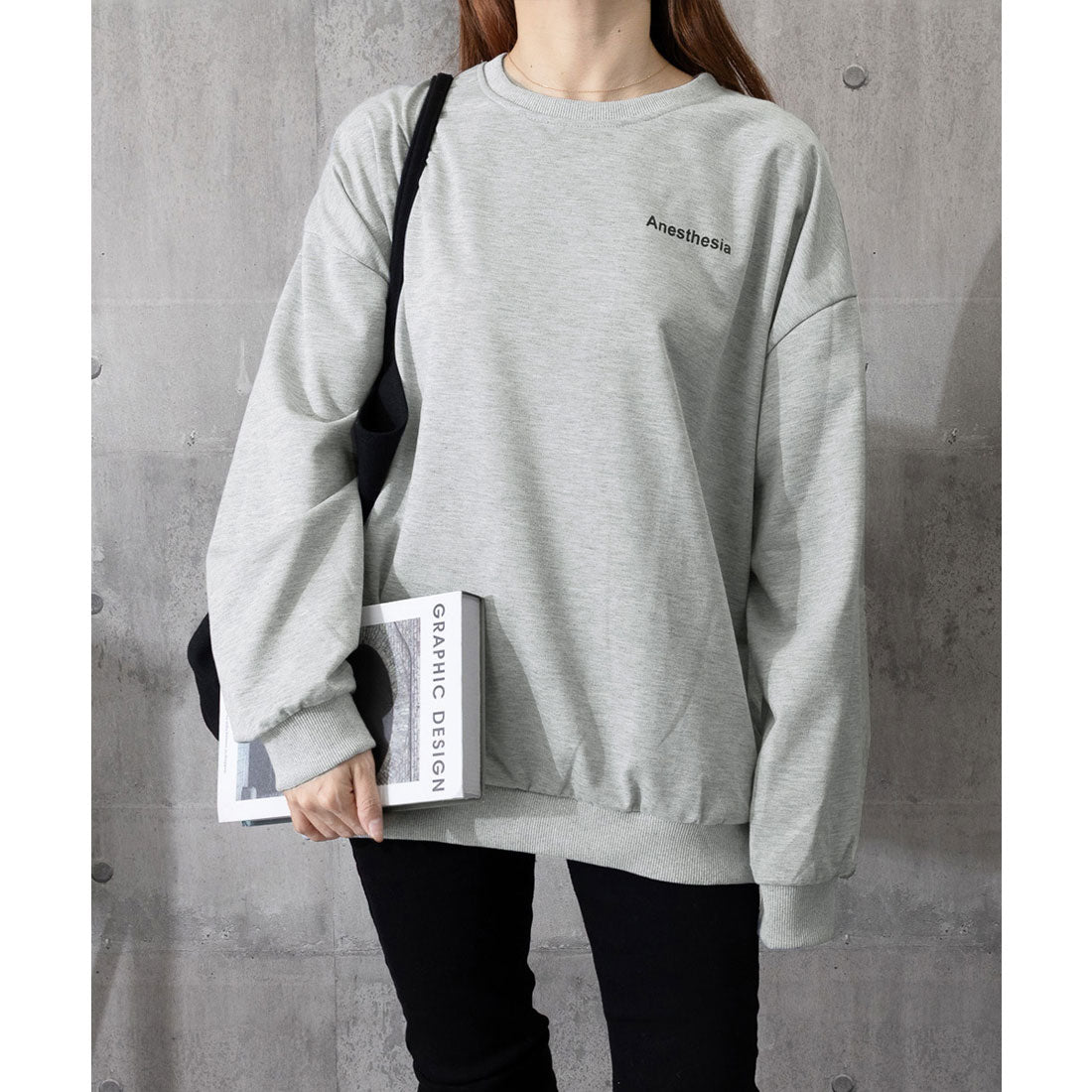 韓国風ロゴカットソーゆる ロングTシャツ グレー