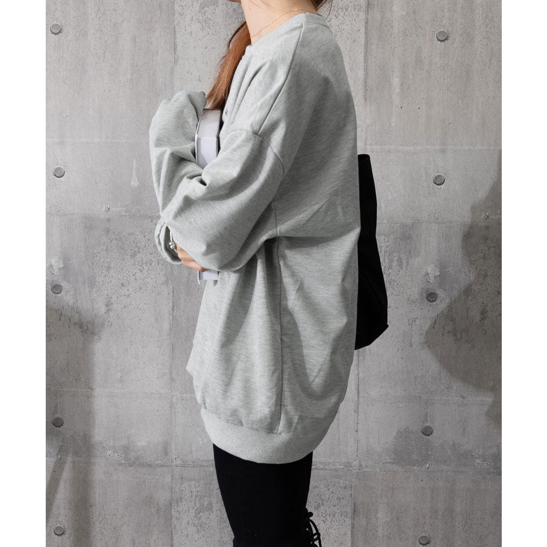韓国風ロゴカットソーゆる ロングTシャツ グレー