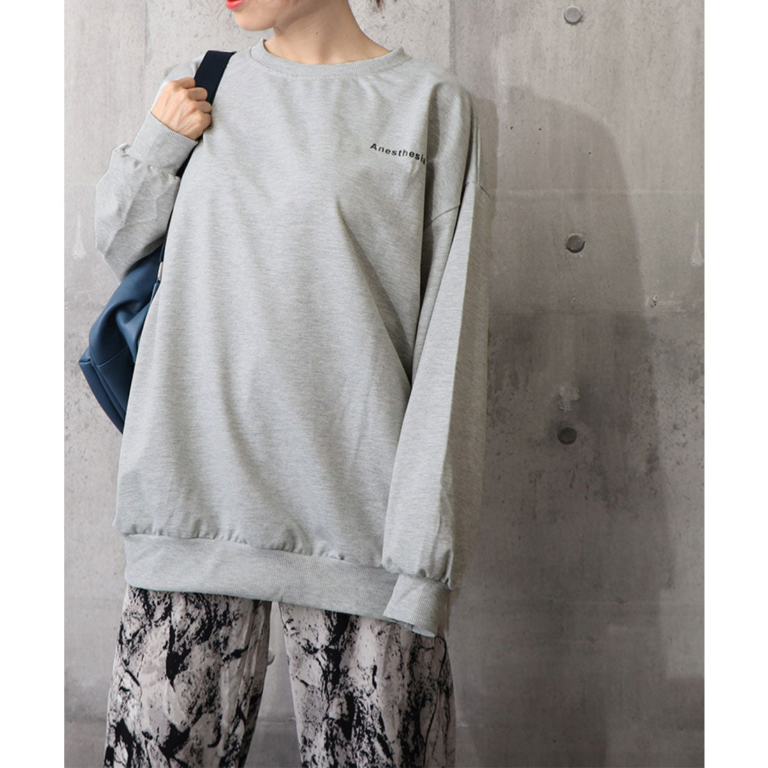 韓国風ロゴカットソーゆる ロングTシャツ グレー