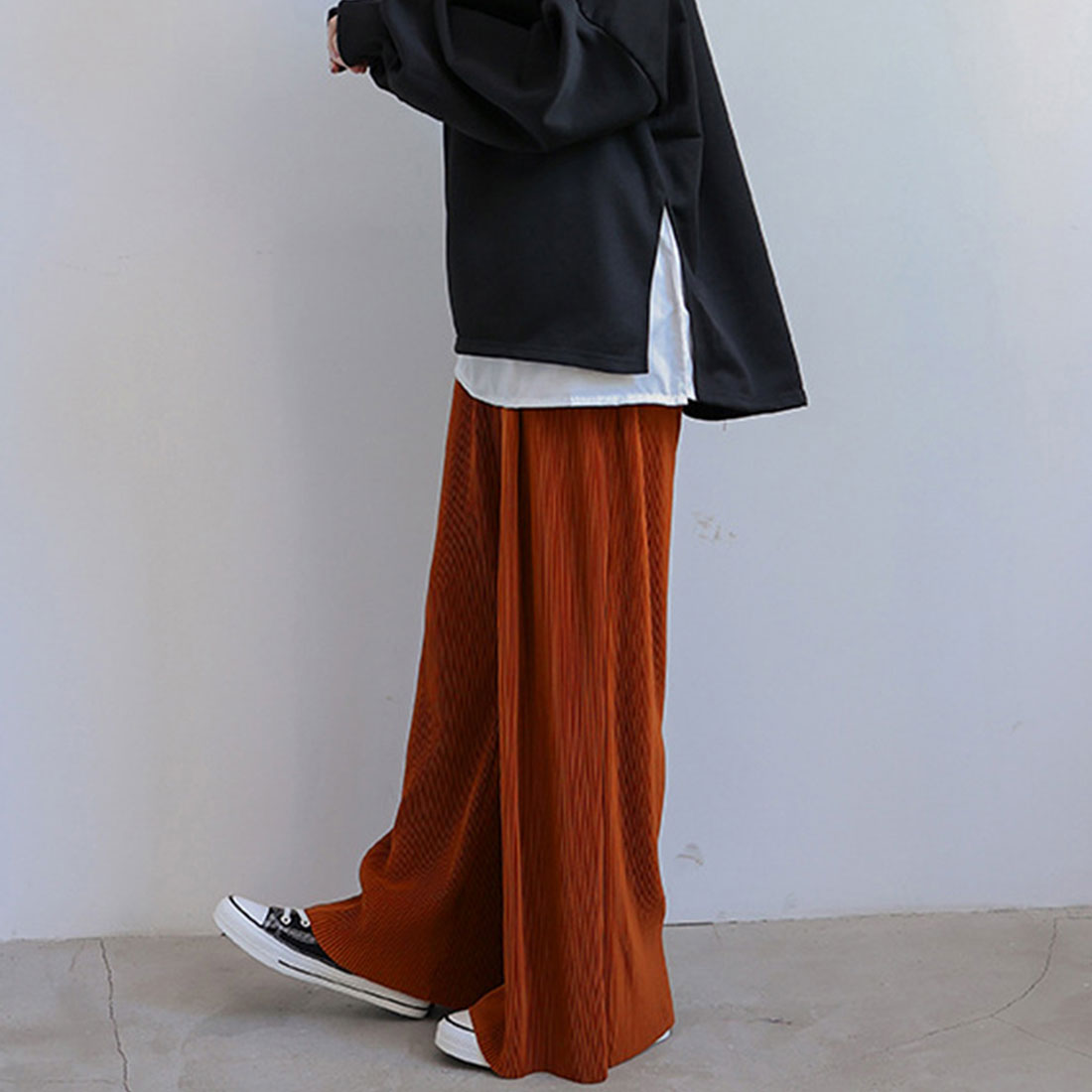 アコーディオンプリーツルーズワイドパンツ ブラック