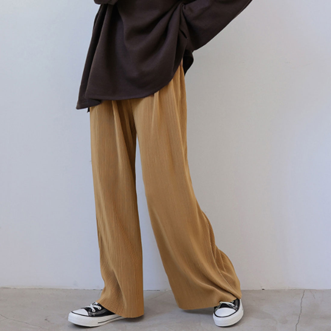 アコーディオンプリーツルーズワイドパンツ キャメル