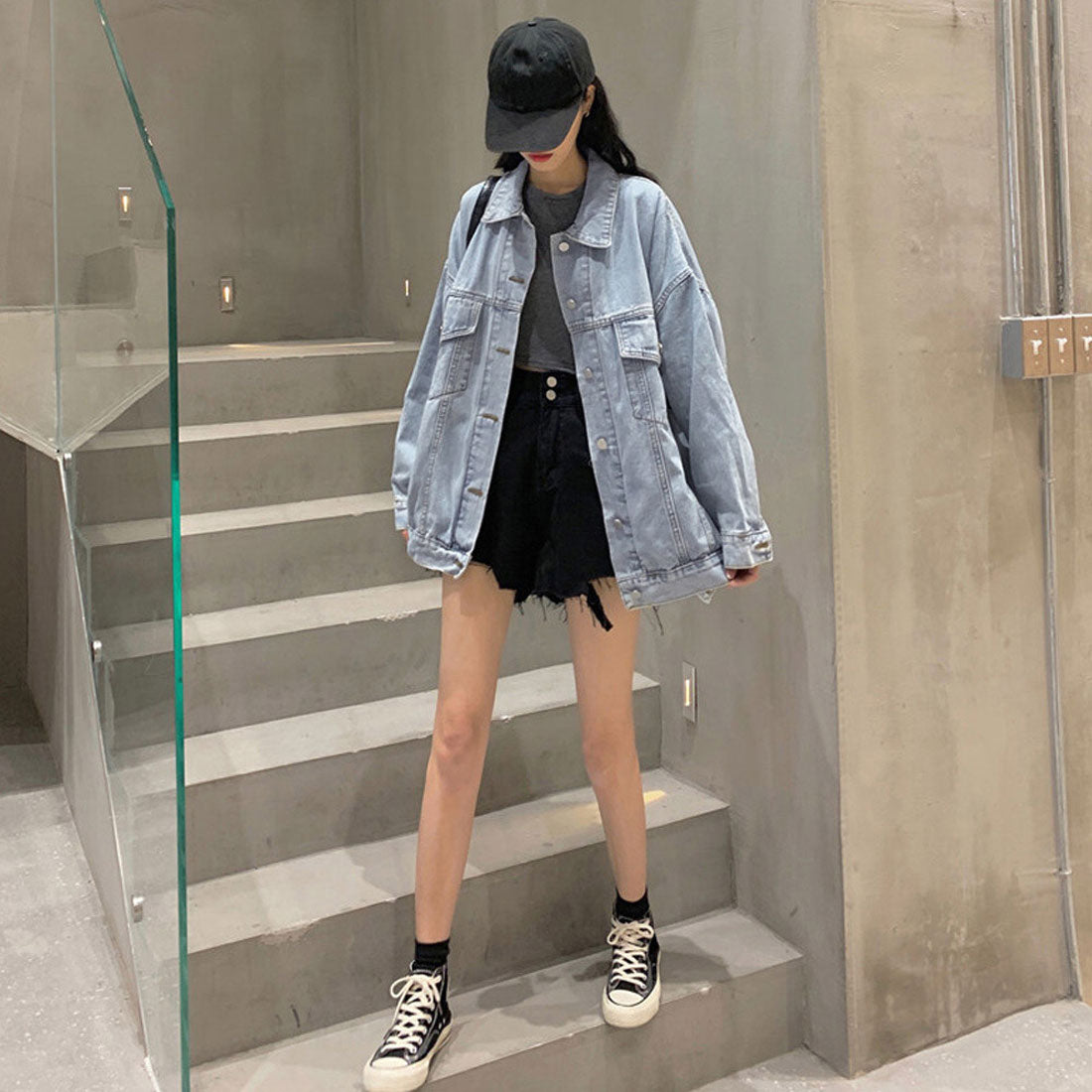 デニムジャケット レディース バックロゴ サックス