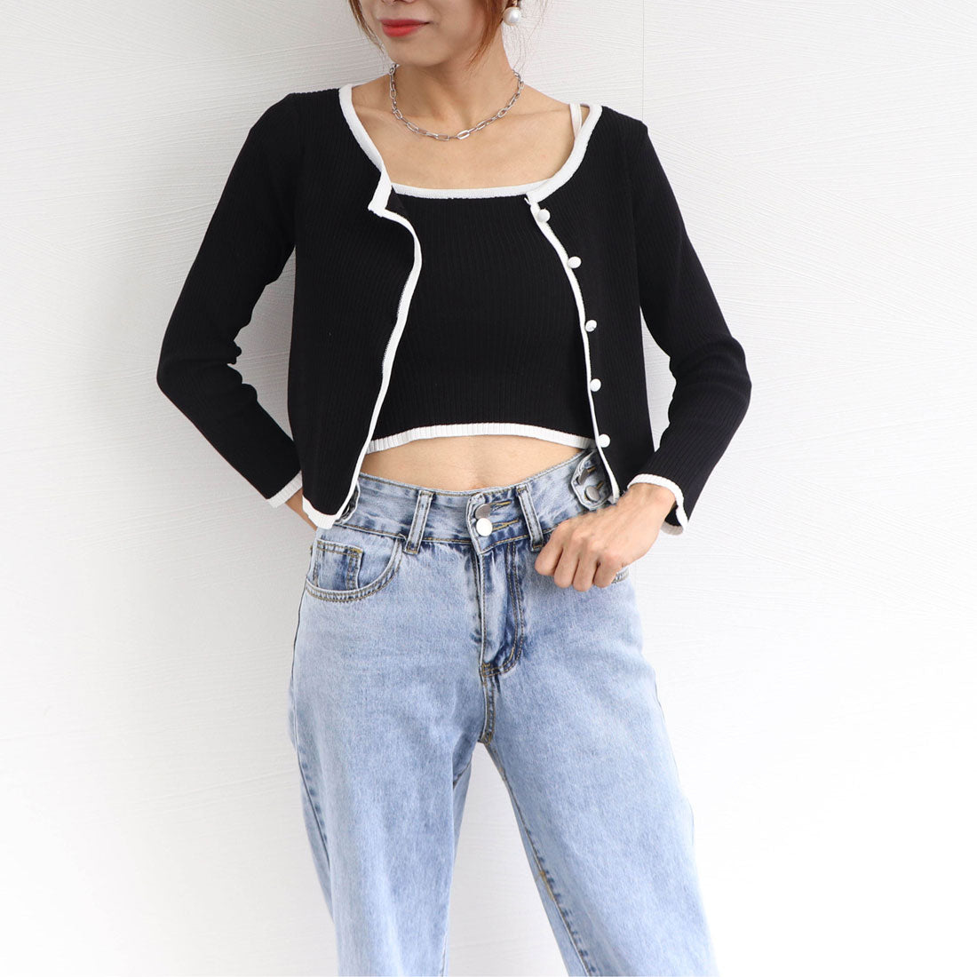 ニットカーディガン キャミ 2点セット ブラック