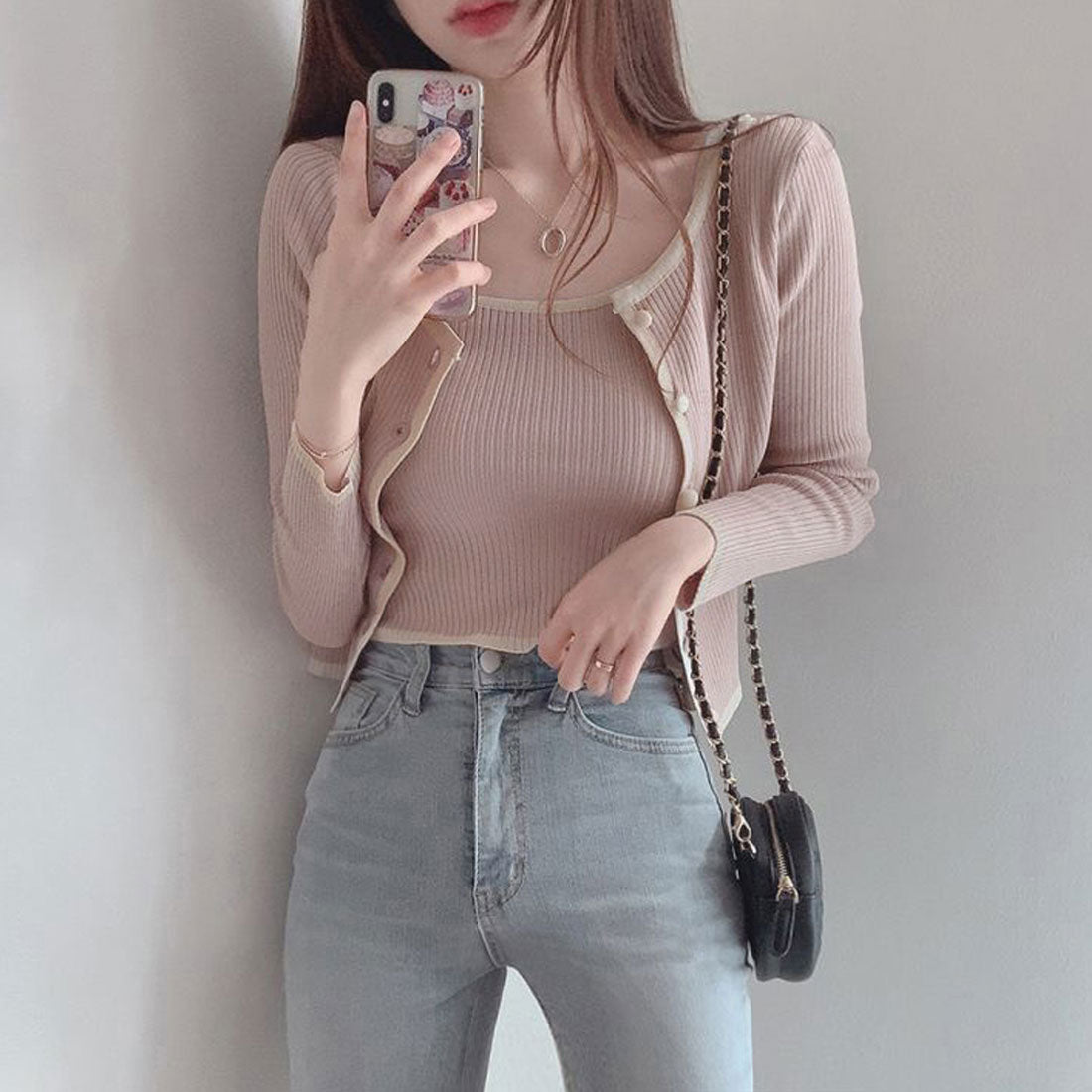 ニットカーディガン キャミ 2点セット ブラック