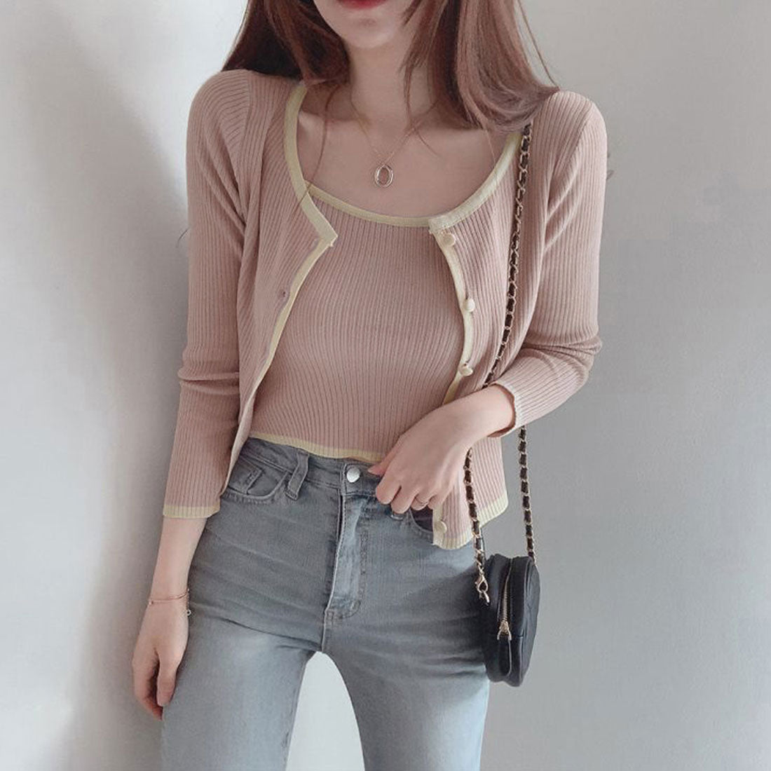 ニットカーディガン キャミ 2点セット ピンク