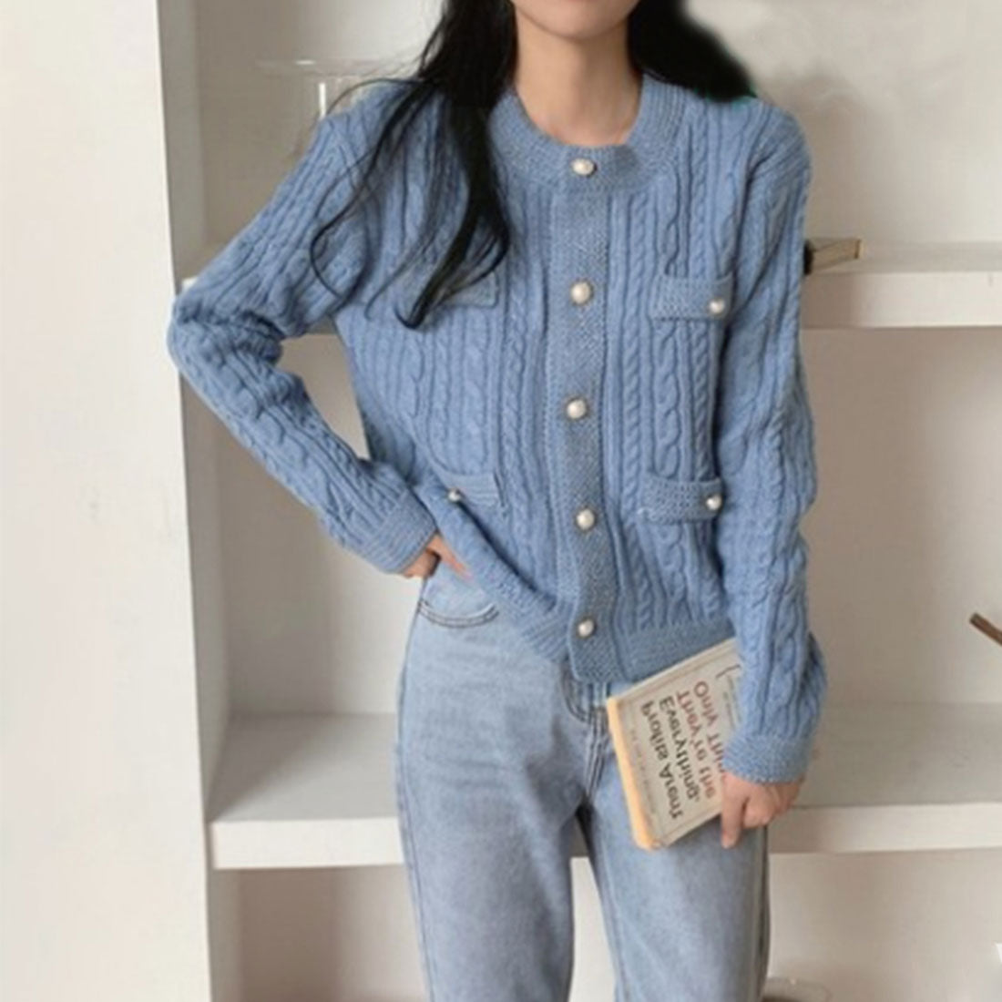 ニットカーディガン ケーブル編み 秋冬 ブラック