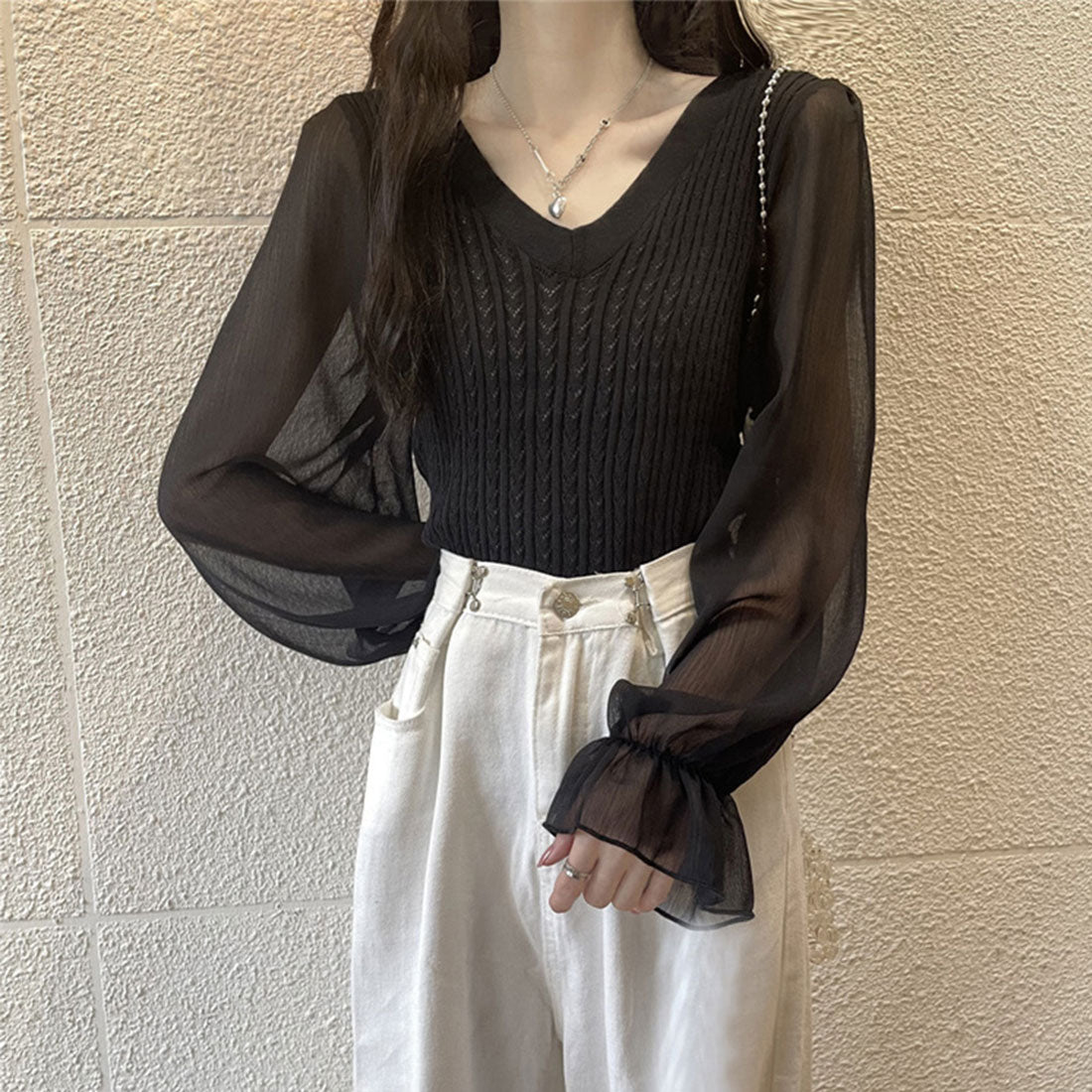 レディース ニットトップス  韓国 秋服,ブラック