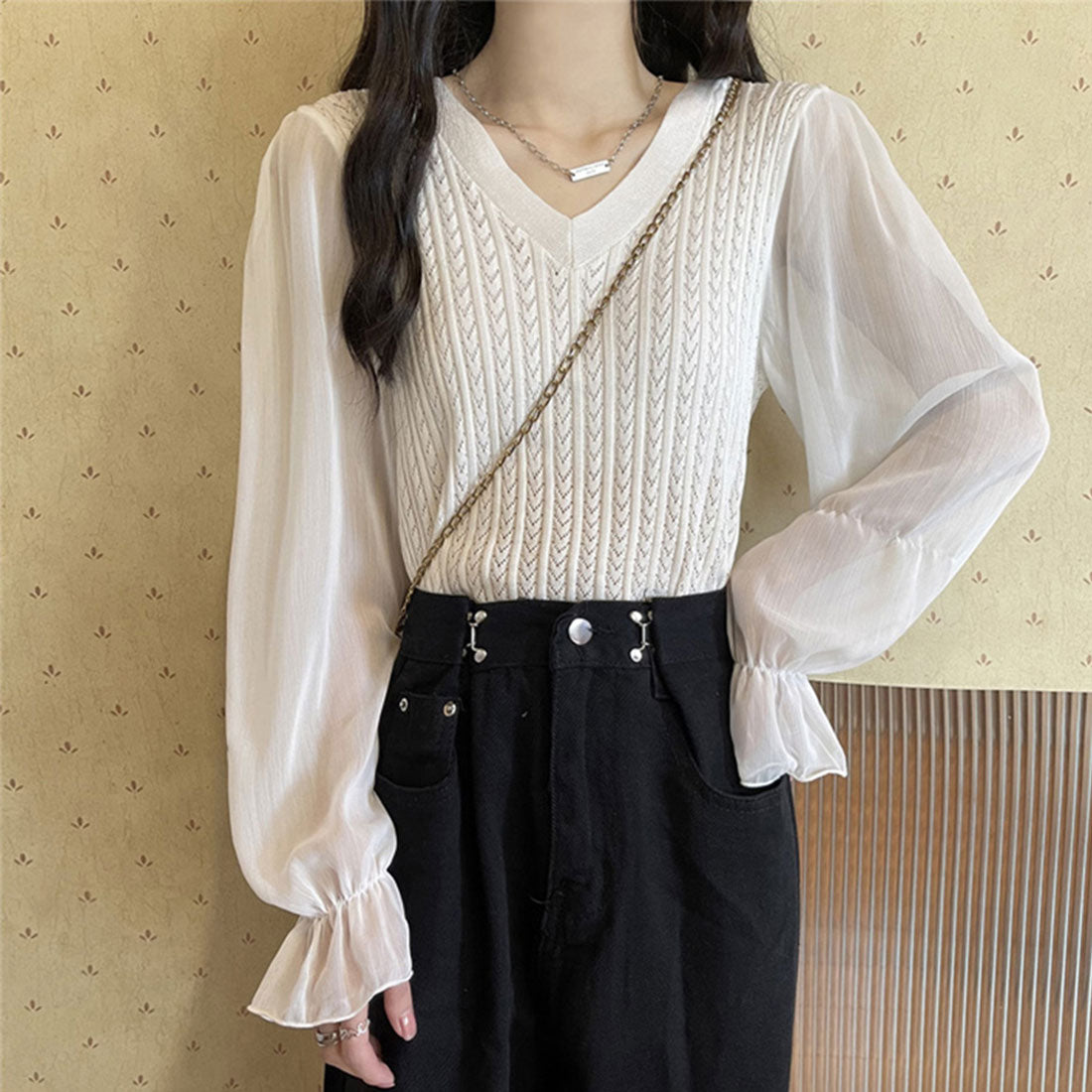 レディース ニットトップス  韓国 秋服,ホワイト