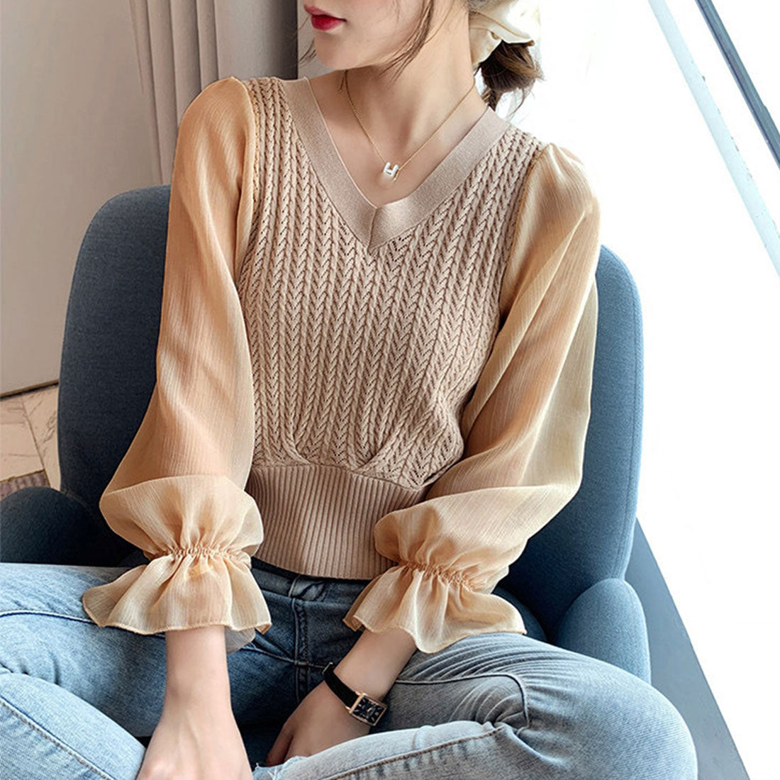 レディース ニットトップス  韓国 秋服,ダークベージュ