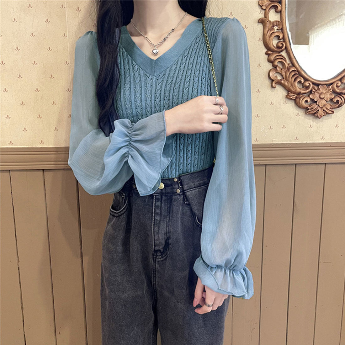 レディース ニットトップス  韓国 秋服,ブルー