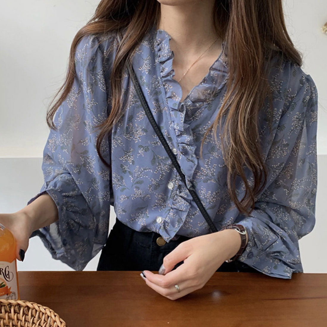 襟フリル シースルー 花柄ブラウス 女性,くすみブルー