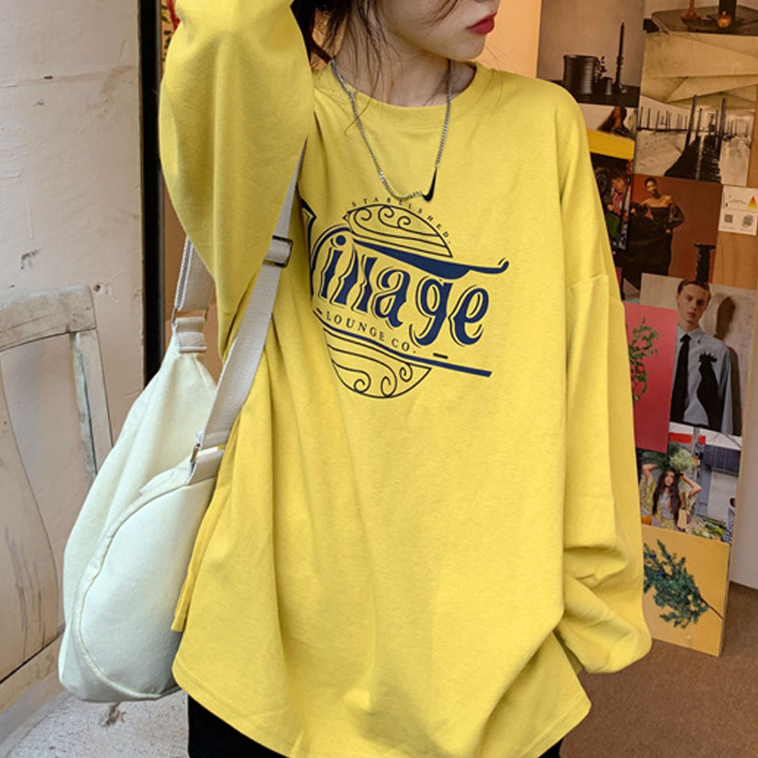 ロゴTシャツ レディース 長袖 韓国 イエロー