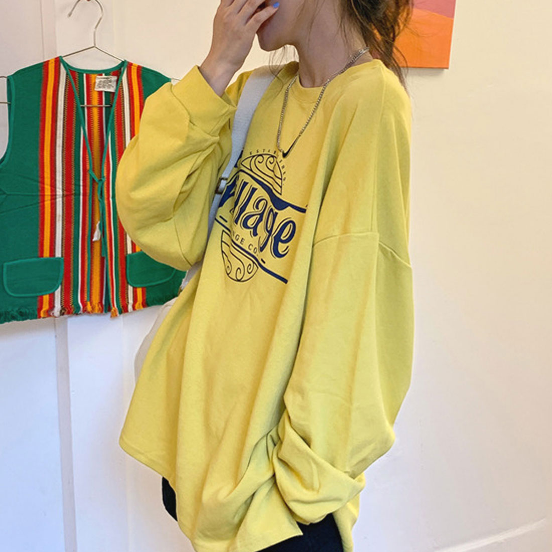 ロゴTシャツ レディース 長袖 韓国 イエロー