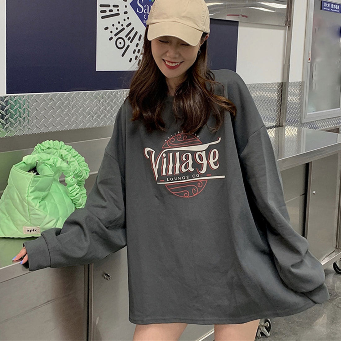 ロゴTシャツ レディース 長袖 韓国 ダークグレー