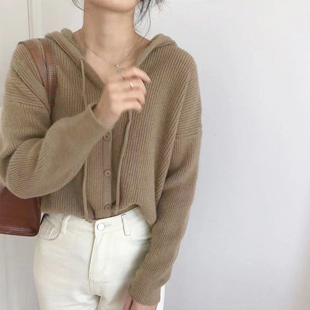 韓国 ニットカーディガン フード付き 秋
