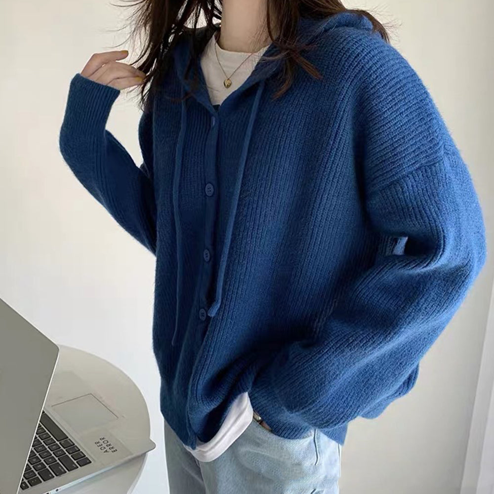 韓国 ニットカーディガン フード付き 秋