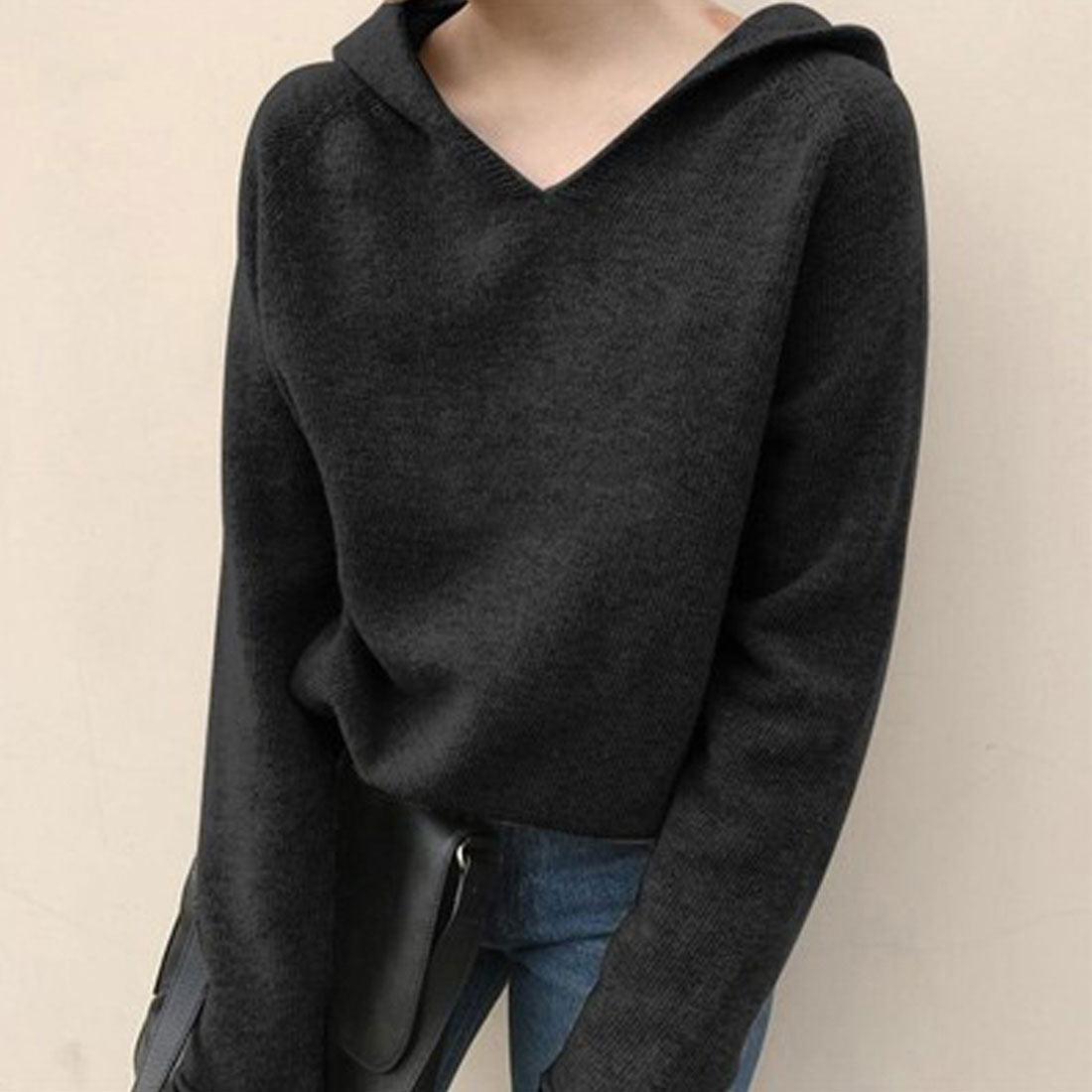 フード付き ニットトップス レディース,ブラック
