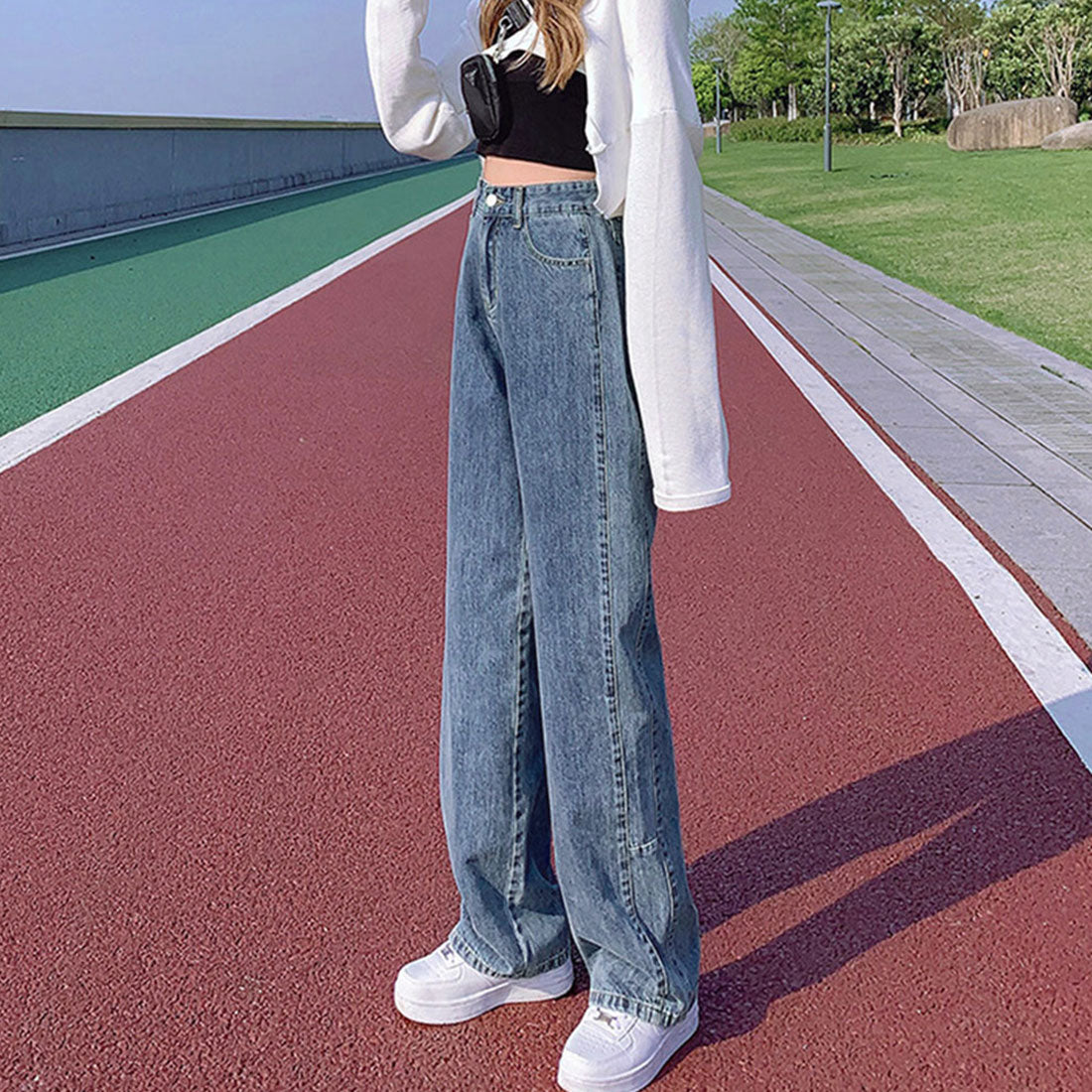 ストレートデニムパンツ ハイウエスト美脚,インディゴ