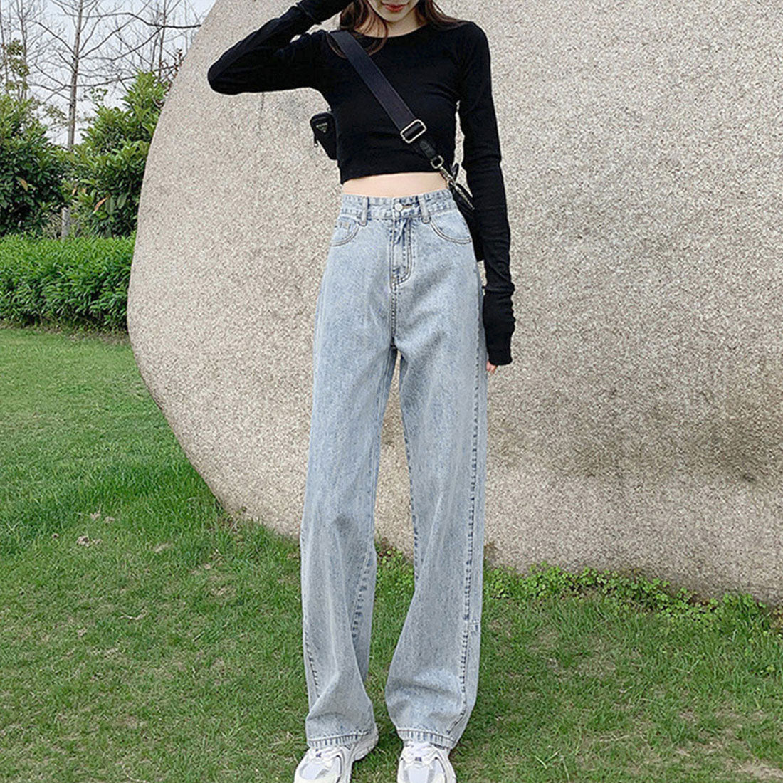 ストレートデニムパンツ ハイウエスト美脚,サックス