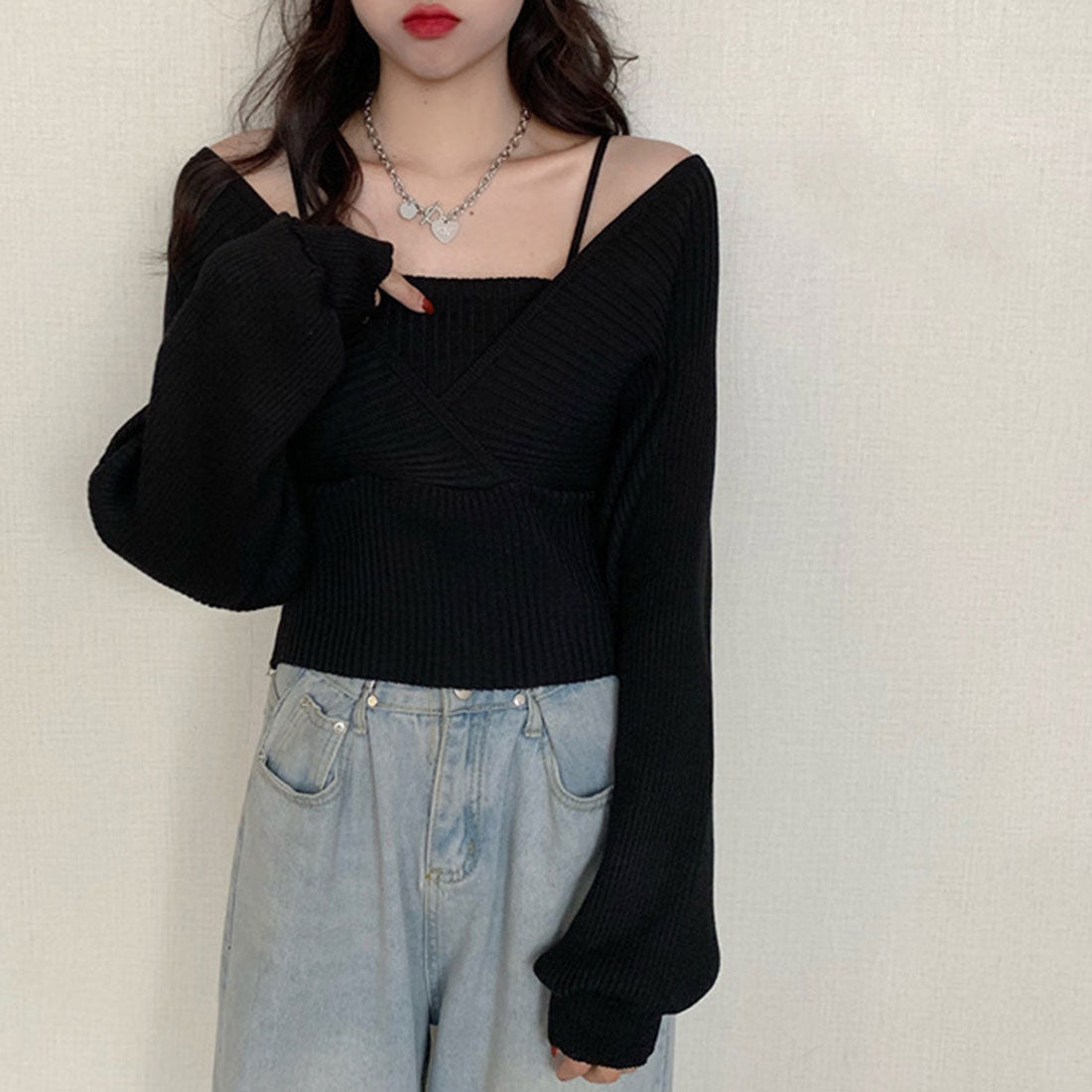 ニットトップス レイヤード風 韓国風