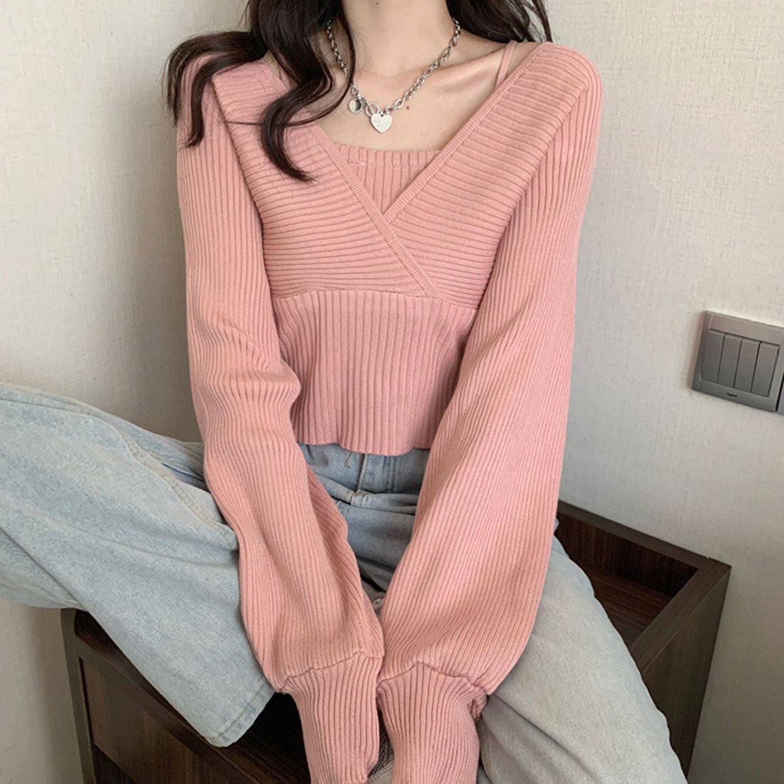 ニットトップス レイヤード風 韓国風