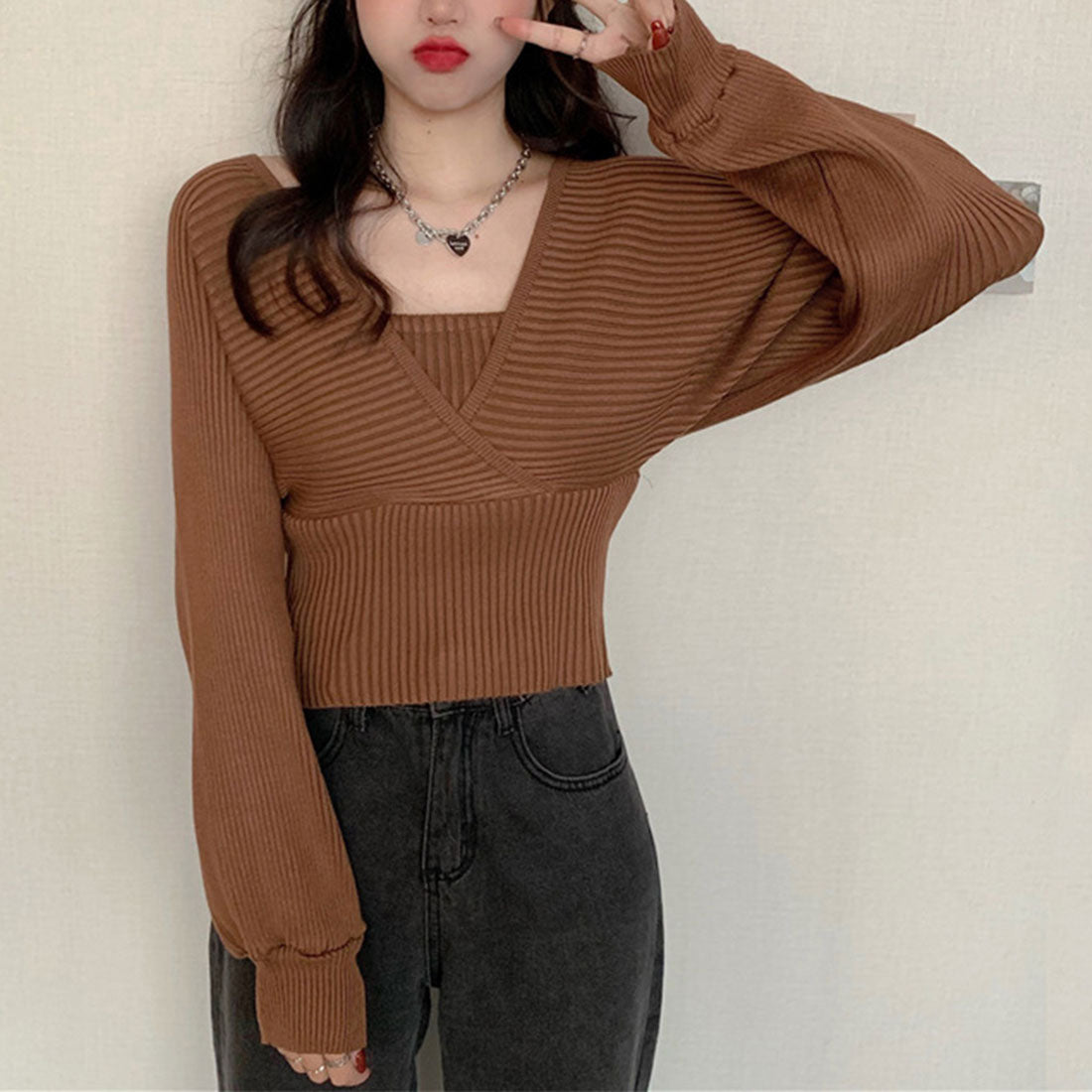 ニットトップス レイヤード風 韓国風
