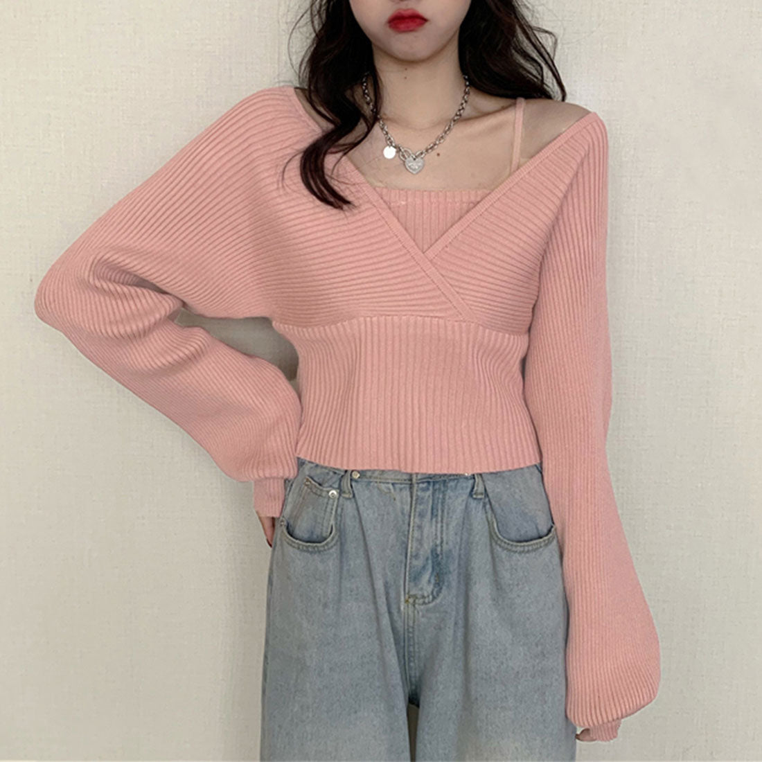 ニットトップス レイヤード風 韓国風,ピンク