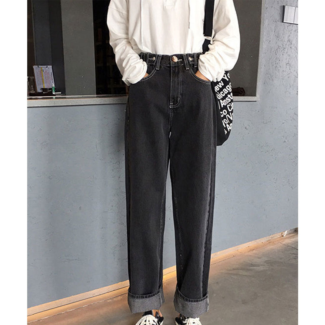 ストレートデニムパンツ ウエスト調整可能 ウォッシュドブラック