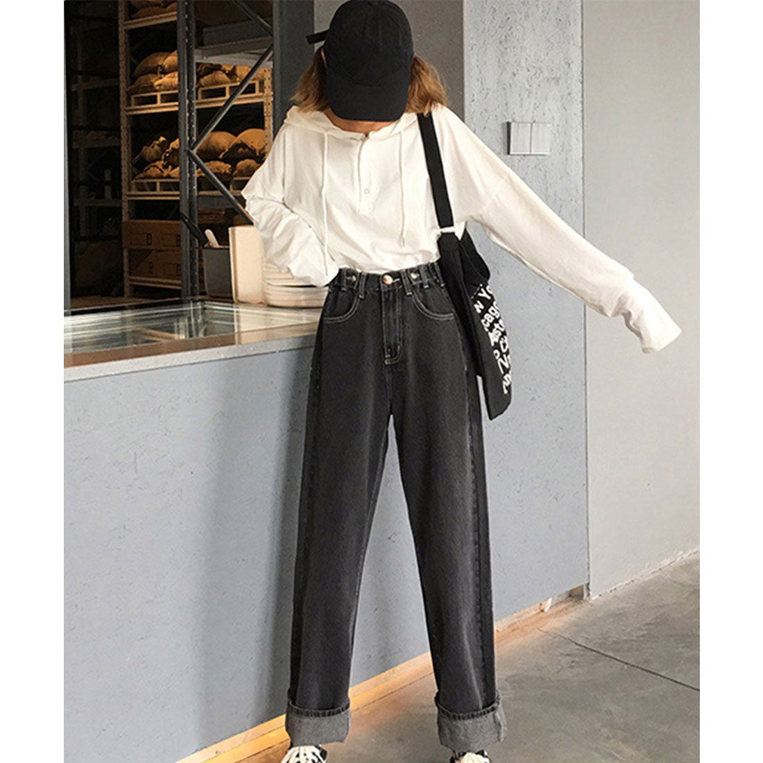 ストレートデニムパンツ ウエスト調整可能 ウォッシュドブラック