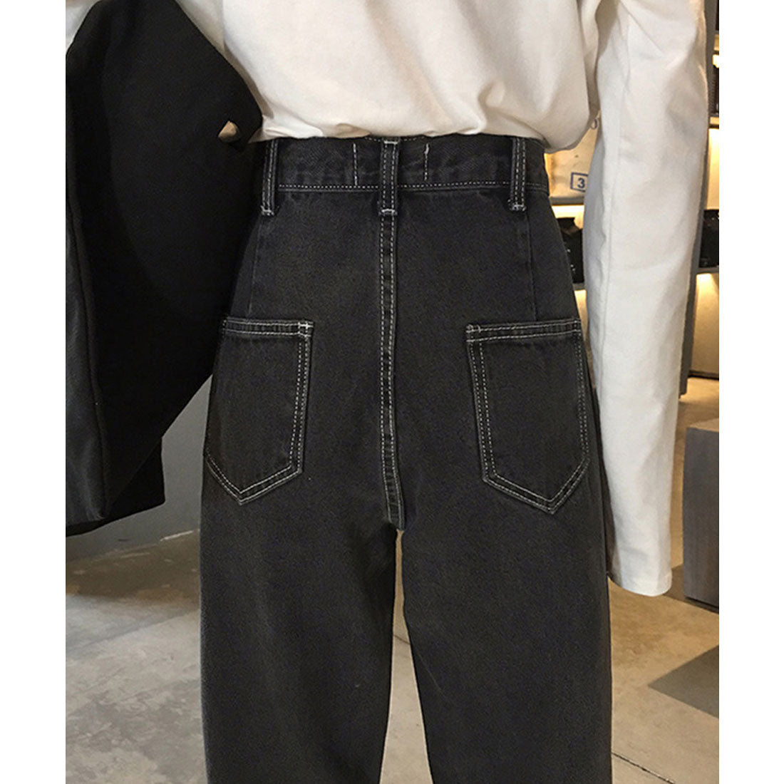 ストレートデニムパンツ ウエスト調整可能 ウォッシュドブラック