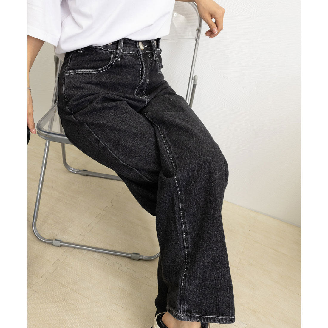 ストレートデニムパンツ ウエスト調整可能 ウォッシュドブラック
