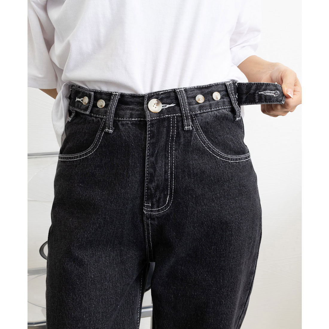 ストレートデニムパンツ ウエスト調整可能 ウォッシュドブラック
