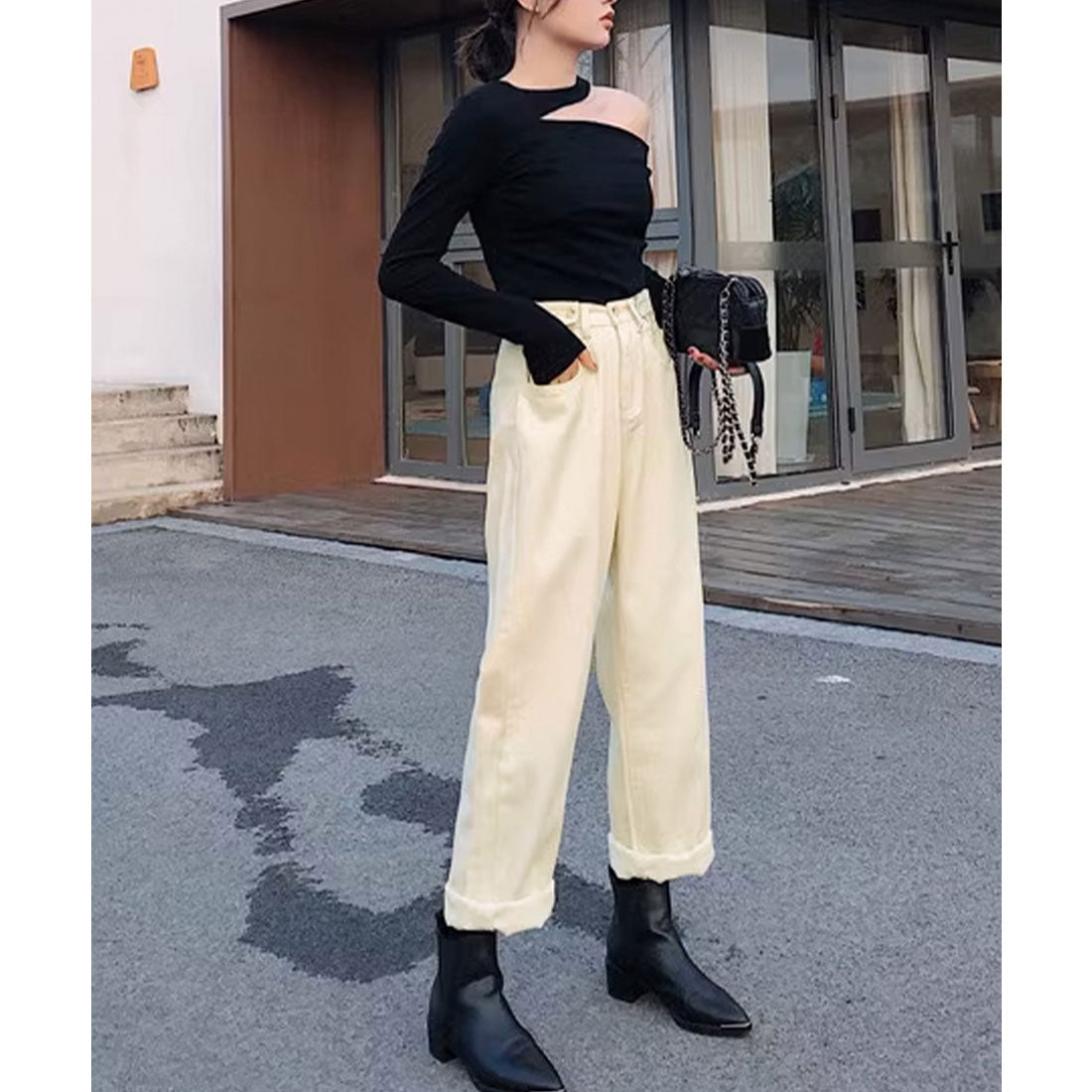 ストレートデニムパンツ ウエスト調整可能 ウォッシュドブラック